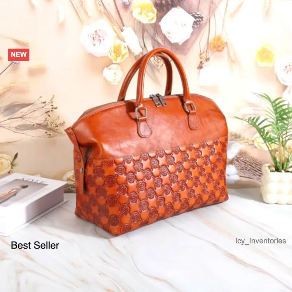 Genuine Leather Satchel Tote Top Handle Bag with Detachable Strap